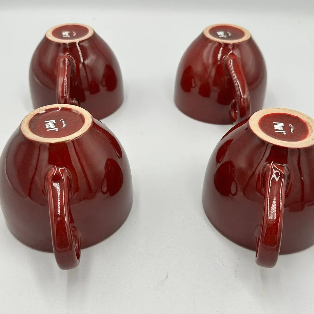Pier 1 Coffee Mugs Set of 4 Brown‎ 12oz Glossy Stoneware Round Tea Cups Tote N